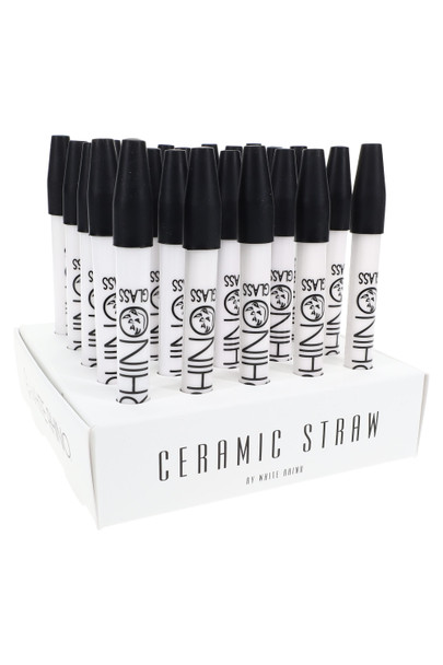 White Rhino ceramic dab straws in 25-piece retail display tray, black silicone caps on white bodies; 5" size, wholesale head-shop counter setup.