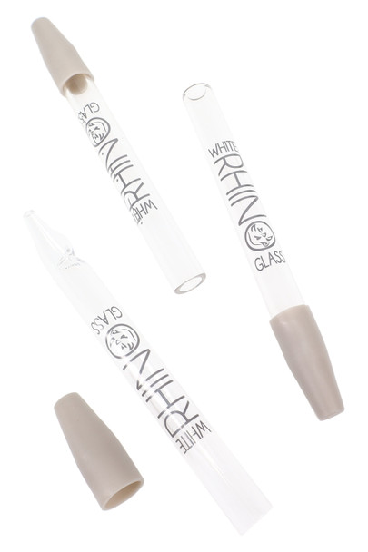 White Rhino 5" quartz glass dab straws with gray silicone caps; clear tubes with logo, angled studio view for head-shop wholesale catalogs.