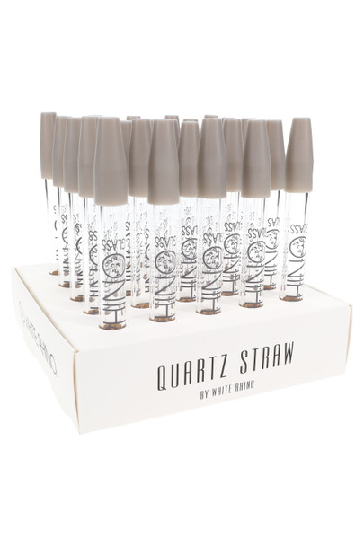 25-piece White Rhino quartz dab straw retail display tray; clear logo tubes with gray silicone caps, front view for wholesale merchandising.