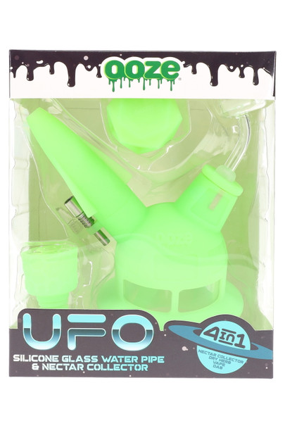 Slime Green Ooze UFO silicone/glass 4-in-1 water pipe in display-ready box with components visible, straight-on image for wholesale head-shop catalogs. Slime Green Ooze UFO silicone/glass 4-in-1 water pipe in display-ready box with components visible, straight-on image for wholesale head-shop catalogs.