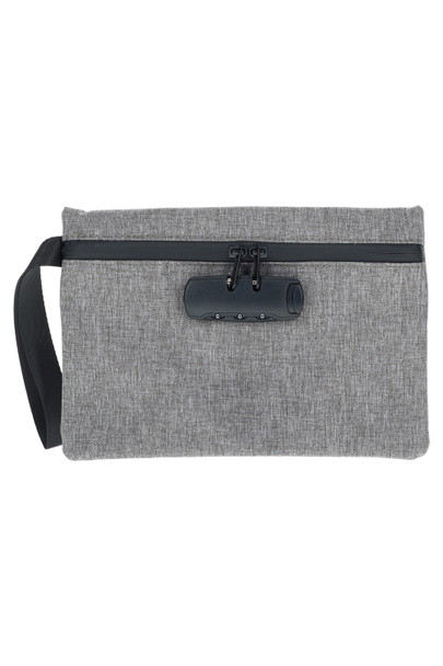 Wholesale gray cloth smell-proof pouch with combination lock and wrist strap, 9.5 x 6.5 in odor-barrier bag front view
