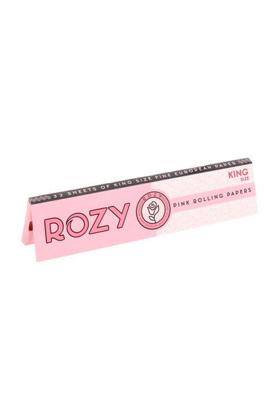 Single Rozy pink king size rolling papers booklet; 32-sheet count noted, head-shop retail pack shown at angled front view Single Rozy pink king size rolling papers booklet; 32-sheet count noted, head-shop retail pack shown at angled front view