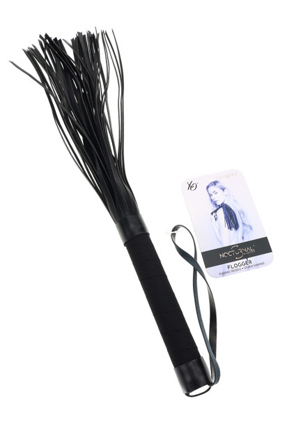 Black Nocturnal flogger with 10" PVC tassels, wrapped handle, and wrist strap, left-front angle—peg-ready wholesale item for adult boutiques. Black Nocturnal flogger with 10" PVC tassels, wrapped handle, and wrist strap, left-front angle—peg-ready wholesale item for adult boutiques.