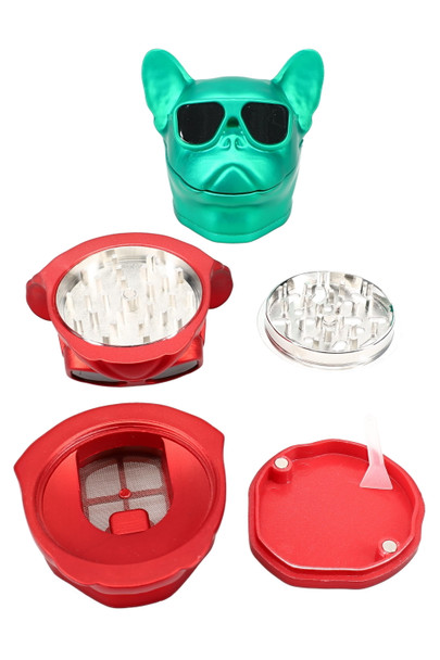 Disassembled 2.25-in bulldog zinc-alloy 4-part grinder with mesh screen, magnetic lid and scraper; assorted colors; bulk product shot.
