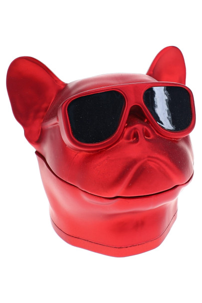 Red bulldog-shaped novelty container wearing oversized black sunglasses with sculpted ears and face