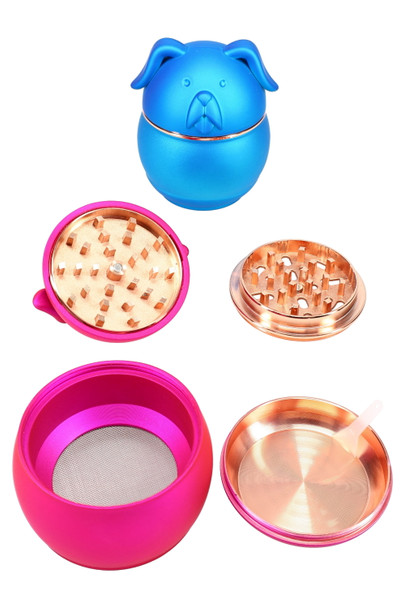 Blue pug 2.25-inch zinc-alloy 4-part metal grinder disassembled with screen, pollen base and scraper; studio white angle for bulk buyers.