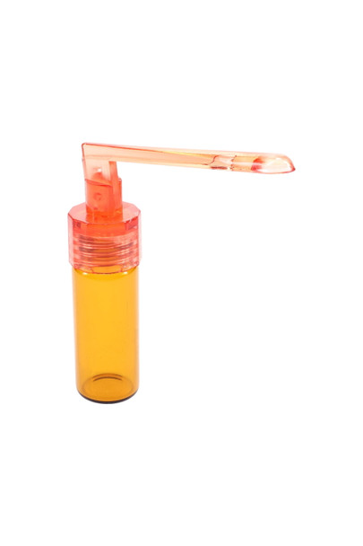 Bulk head-shop supply: 51 mm amber glass snuff vial with red acrylic spoon extended, clean side profile on white backdrop. Bulk head-shop supply: 51 mm amber glass snuff vial with red acrylic spoon extended, clean side profile on white backdrop.