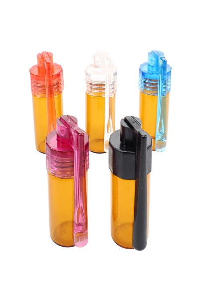 Wholesale amber glass snuff vials, 51 mm, assorted cap colors with attached micro-spoon, front group view. Wholesale amber glass snuff vials, 51 mm, assorted cap colors with attached micro-spoon, front group view.