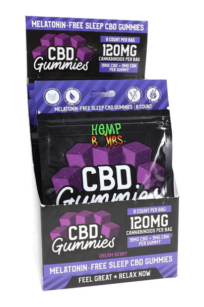 Head-shop supply display box of six melatonin-free CBD sleep gummy pouches, angled view showing shelf-ready packaging.