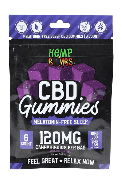 Wholesale melatonin-free CBD sleep gummies 6-count Dream Berry pouch, front packaging close-up on white background.