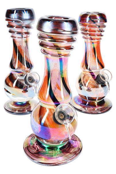 Wholesale 7.5-inch soft glass water pipes with multicolor striped metallic finish and ribbed neck, beaker-base trio front angle view. Wholesale 7.5-inch soft glass water pipes with multicolor striped metallic finish and ribbed neck, beaker-base trio front angle view.
