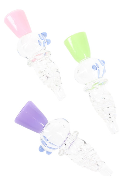 Wholesale 3.5-inch twisted clear glass chillums with neon pink, green and purple bowl tops plus blue marble grips, overhead trio view.