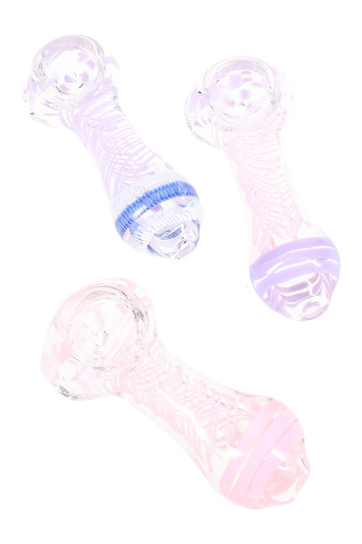 Wholesale 3-inch clear glass spoon pipe with neon dot bowl and swirl stripes, front angled view on white backdrop. Wholesale 3-inch clear glass spoon pipe with neon dot bowl and swirl stripes, front angled view on white backdrop.