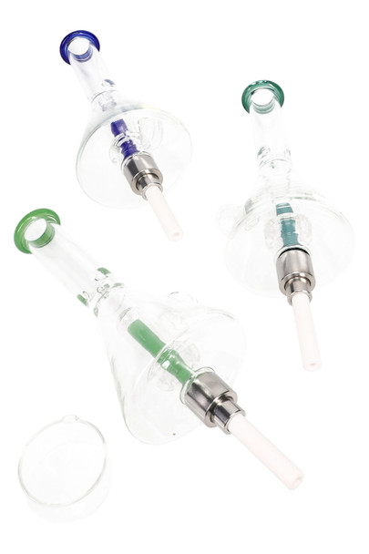 Wholesale glass beaker dab straw kit with screw-on ceramic tip, green/blue accents,  8" size, overhead group angle. Wholesale glass beaker dab straw kit with screw-on ceramic tip, green/blue accents,  8" size, overhead group angle.
