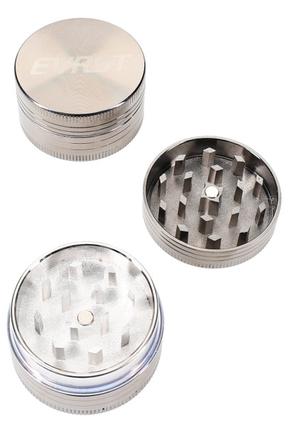 Bulk EVRST gunmetal zinc-alloy 2-piece grinder, disassembled to show interior grinding teeth, studio top-angle product shot.