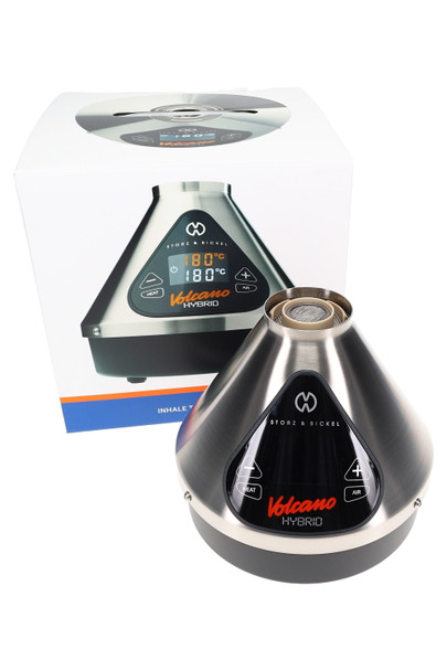 Wholesale Volcano Hybrid vaporizer, Silver & Black desktop unit with retail box, front three-quarter angle showing touch panel and cone design.