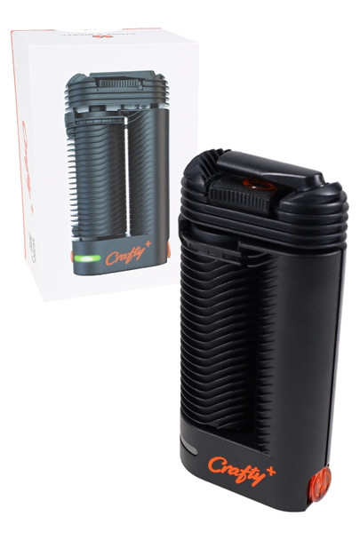 Wholesale Crafty+ portable dry herb vaporizer, black ribbed body with orange logo, three-quarter angle shown beside retail box for head-shop displays.