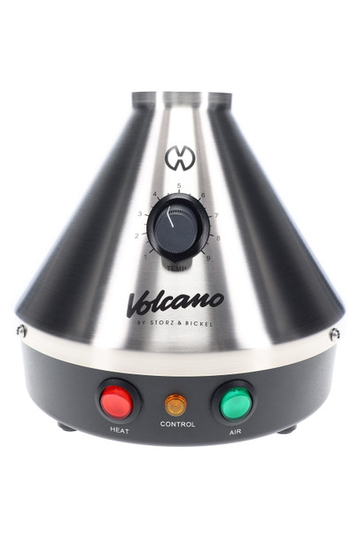 Wholesale Volcano Classic Silver & Black desktop vaporizer, analog dial with Heat • Control • Air buttons, straight-on product view for showcases.