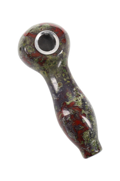 Wholesale dragon’s blood gemstone spoon pipe, 3.5-inch green and red pattern, screen bowl detail, angled studio image.