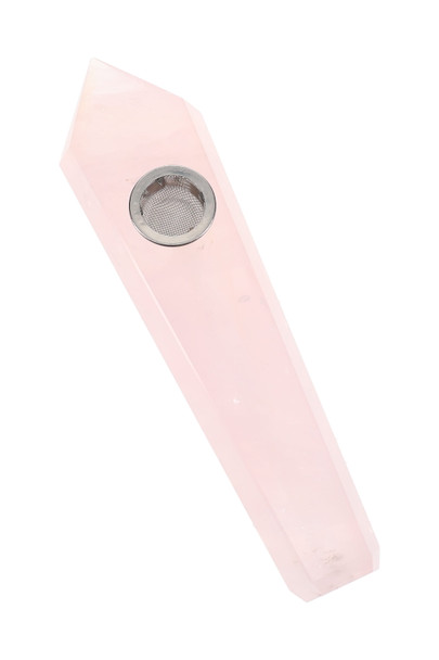 Bulk rose quartz gemstone jewel pipe, 4″ translucent pink stone with screen bowl insert, straight-on studio photo for retailers.