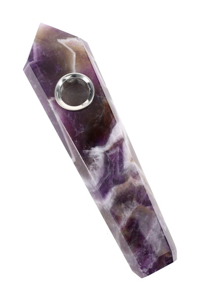 Wholesale amethyst gemstone jewel pipe, 4″ purple banded stone with screen bowl insert, front angled product photo for retailers.
