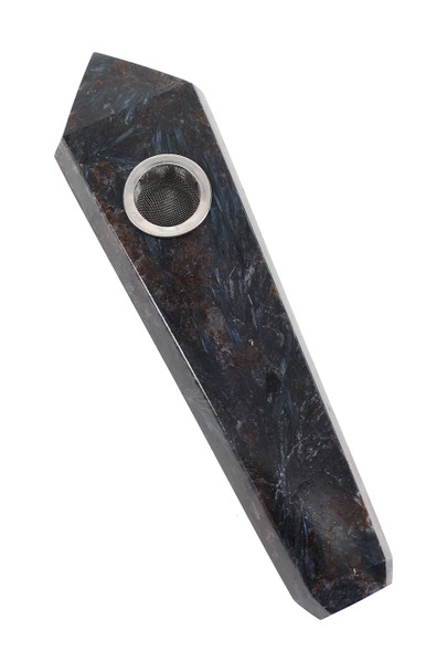Bulk astrophyllite gemstone jewel pipe, 4″ dark reflective stone with metal screen bowl, studio top-down view for smoke-shop catalogs.