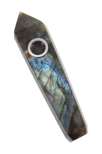Bulk labradorite gemstone jewel pipe, 4″ iridescent grey-blue flash with screen bowl, overhead angle for smoke-shop wholesale listings.