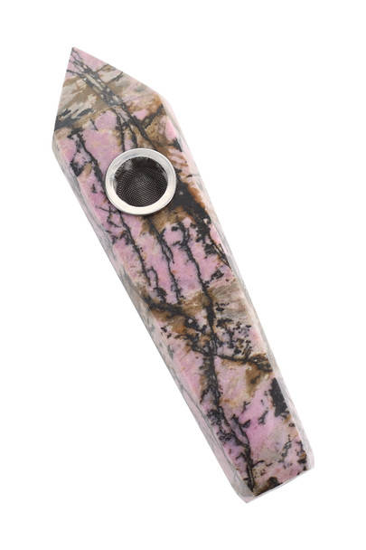 Wholesale rhodonite gemstone jewel pipe, 4″ pink-black marbled stone with metal screen bowl, angled view for smoke-shop catalogs.