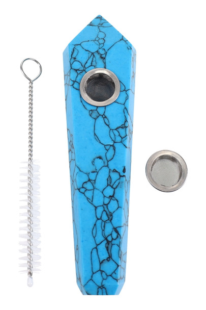Wholesale 4″ blue turquoise gemstone jewel pipe with two mesh screens and cleaning brush, polished stone flat-lay kit view for retail listings.