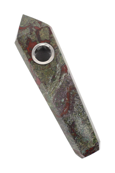 Wholesale Dragon’s Blood gemstone jewel pipe, 4″ green-red mottled stone with screen bowl insert, product right-angle studio view.