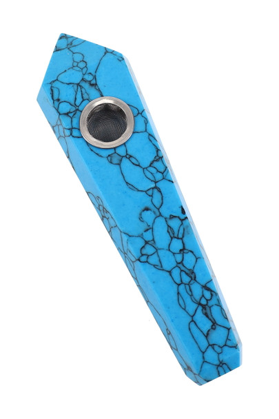 Bulk blue turquoise gemstone jewel pipe, 4″ bright veined stone with metal screen bowl, studio side angle for head-shop supplies.