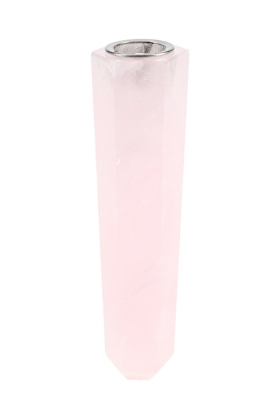 Head-shop wholesale rose quartz tower one-hitter, 3.75-inch pale pink crystal with mesh screen bowl, upright product view.