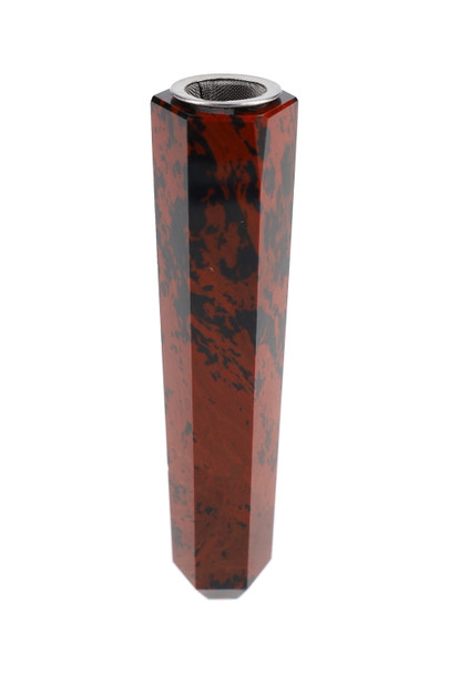 Wholesale red obsidian tower one-hitter, 3.75-inch polished red-and-black stone, removable screen bowl, centered studio angle.