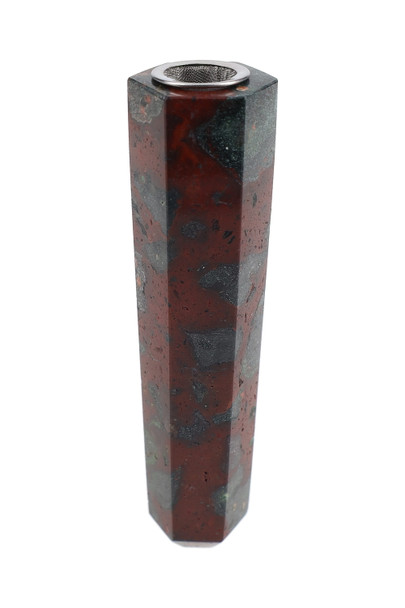 Head-shop wholesale Dragon’s Blood tower one-hitter, 3.75-inch red-green stone body with removable mesh screen, front product shot.