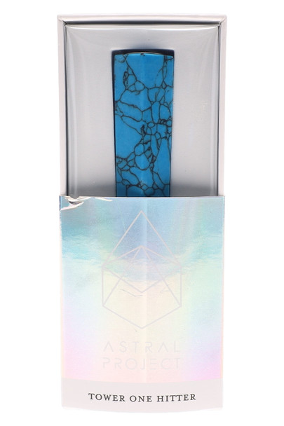 Wholesale Astral Project gemstone tower one hitter boxed, turquoise crackle stone finish with iridescent sleeve, front view.