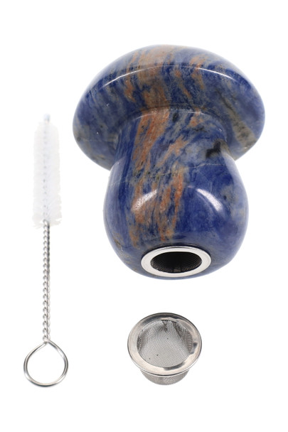 Wholesale 2″ gemstone shroom pipe kit in blue sodalite with two mesh screens and cleaning brush, polished stone body shown, overhead flat-lay view.
