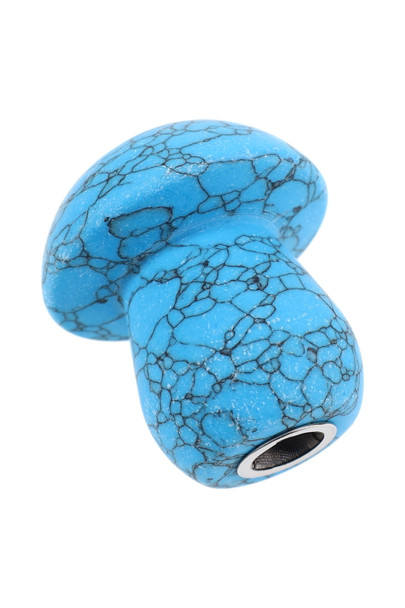 Wholesale blue turquoise gemstone shroom pipe, 2″ veined stone body with mesh bowl insert, close three-quarter view for product listings.