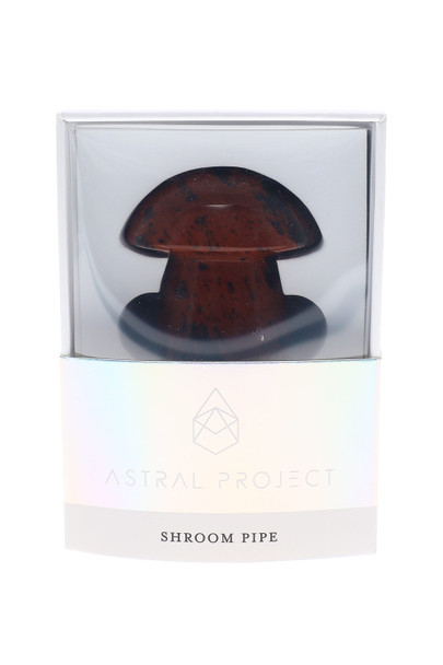 Wholesale Astral Project gemstone shroom pipe in retail box, brown stone cap with black specks, iridescent sleeve front view.