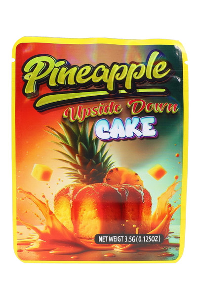 Wholesale 1/8 oz mylar pouch, Pineapple Upside Down Cake dessert design in warm orange tones, 3.5 g capacity, front studio angle. Wholesale 1/8 oz mylar pouch, Pineapple Upside Down Cake dessert design in warm orange tones, 3.5 g capacity, front studio angle.