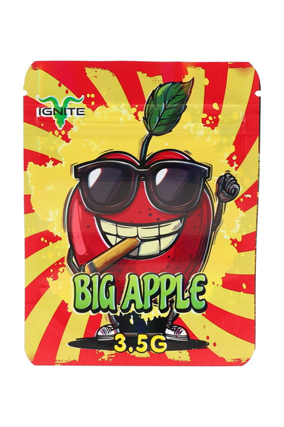 Wholesale 1/8 oz 3.5 g mylar bag, Big Apple cartoon design on yellow burst background, straight front pouch view for retail peg walls. Wholesale 1/8 oz 3.5 g mylar bag, Big Apple cartoon design on yellow burst background, straight front pouch view for retail peg walls.