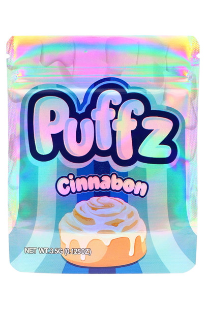 Bulk 1/8 oz mylar bag, Puffz Cinnabon holographic cinnamon roll design, 3.5 g capacity, centered front product photo. Bulk 1/8 oz mylar bag, Puffz Cinnabon holographic cinnamon roll design, 3.5 g capacity, centered front product photo.