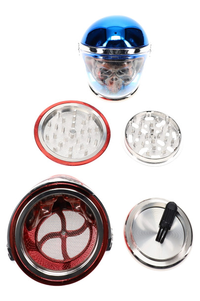 Wholesale 2.25″ aluminum astronaut-skull grinder, 4-part layout in blue/red metallic, disassembled with screen and catch, overhead studio view.