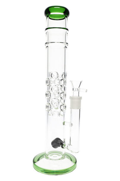 Head-shop wholesale 14″ straight shooter bong, green accent rim/base, GoG stemless design with ice pinch and showerhead perc, full front product shot.