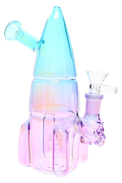 7.5″ stemless GoG rocket ship water pipe with showerhead perc and 14.5 mm female joint, multicolor accents. Order single units or a case of 24.