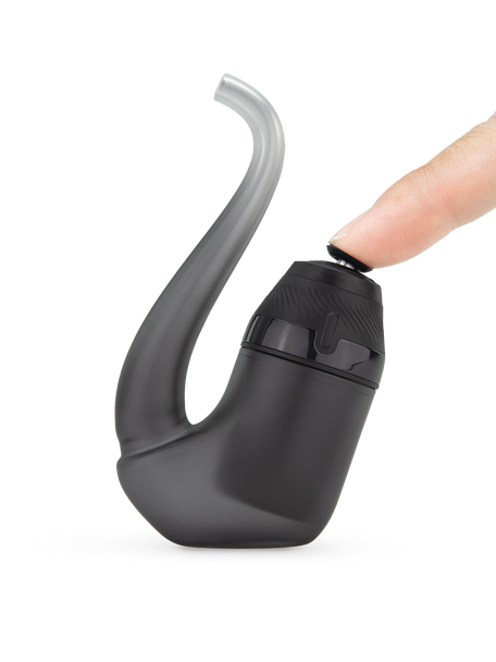 Onyx Puffco Proxy with a finger pressing the top button; side angle shows the curved glass stem for retail smoke shops.
