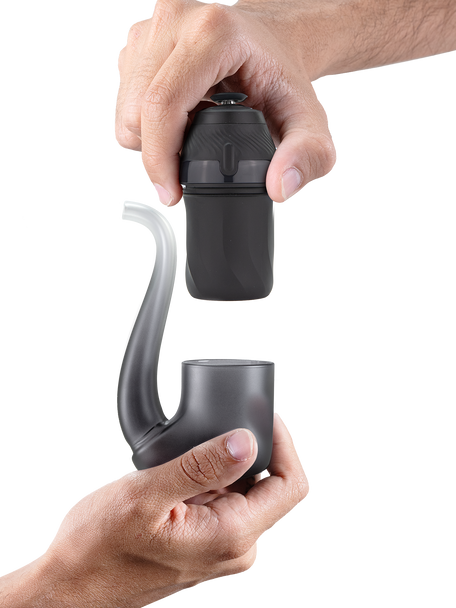 Hands separating the Onyx Proxy base from the glass pipe; modular design highlighted for head shop wholesale.