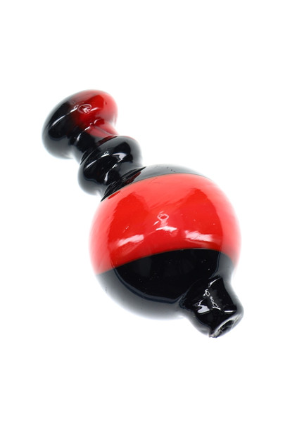 Black and red swirl striped glass bubble carb cap; angled studio detail for head-shop wholesale listings.