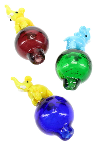 Elephant bubble carb caps in blue/green, yellow/maroon, and yellow/blue; glossy glass toppers for wholesale head-shop dabbing displays.