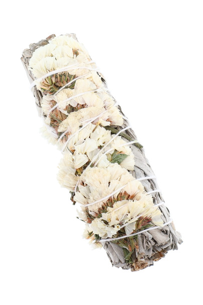 4" white sage smudge bundle wrapped with white blossoms and twine; clean studio angle for wellness wholesale displays and boutique counter trays.