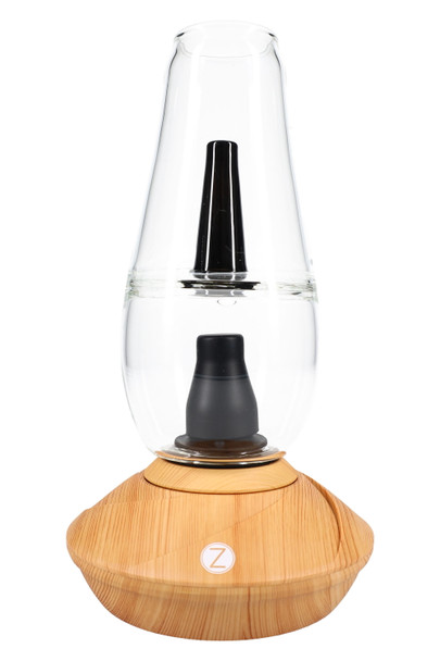 Zenco Flow desktop vaporizer in Wood finish with water-glass cup; wholesale-ready product, three-quarter studio angle showing controls and base profile.
